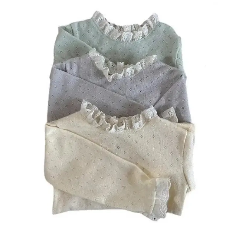 Spring Candy Color Tops Hollow-out Lace-up Collar Undershirt Girls Baby Lace Sleeves Bottoming Shirt Cotton Knitwear Shirt 240423