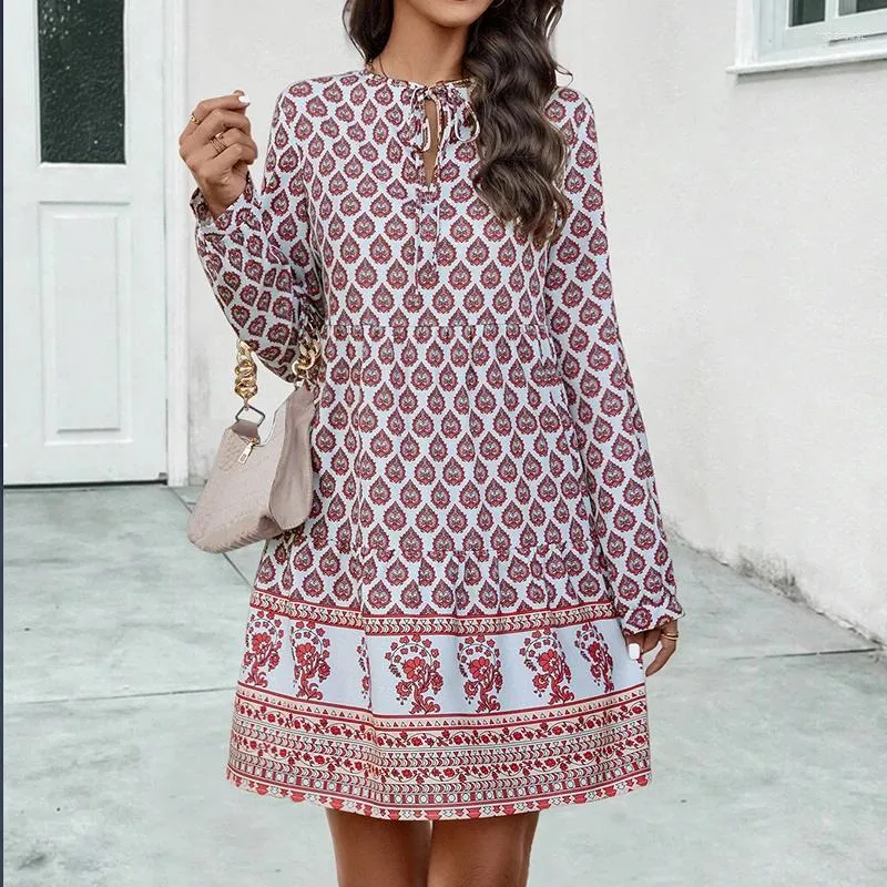 Casual Dresses Fashion Women Long Sleeve Printed A-line 2024 Spring O-neck Lace-up Mini Dress Simple Loose Robe Femme