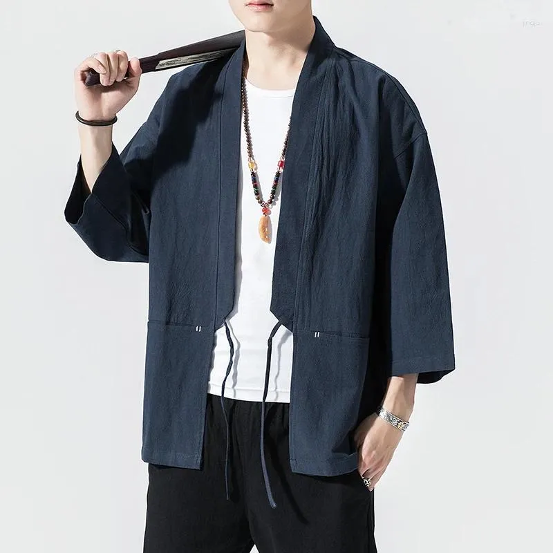 Vestes pour hommes de style chinois masculin kimono cardigan coton décontracté léger sept manches open stitch avant hanfu manteaux 5xl