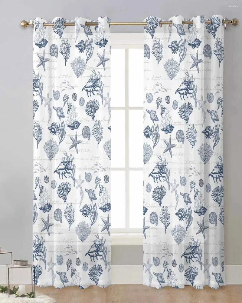 Vorhang Seestarfish Shell Navigation Vintage Navy Blue Tulle Drapes Wohnzimmer schiere Fenster Vorhänge Küche Balkon moderne Voile