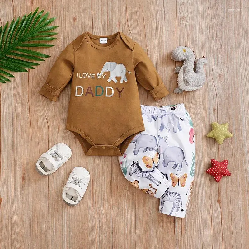 Kledingsets lente en herfstjongens meisjes schattige cartoon dierenprint lange mouwen babydriehoek bodysuit tweedelig broek set