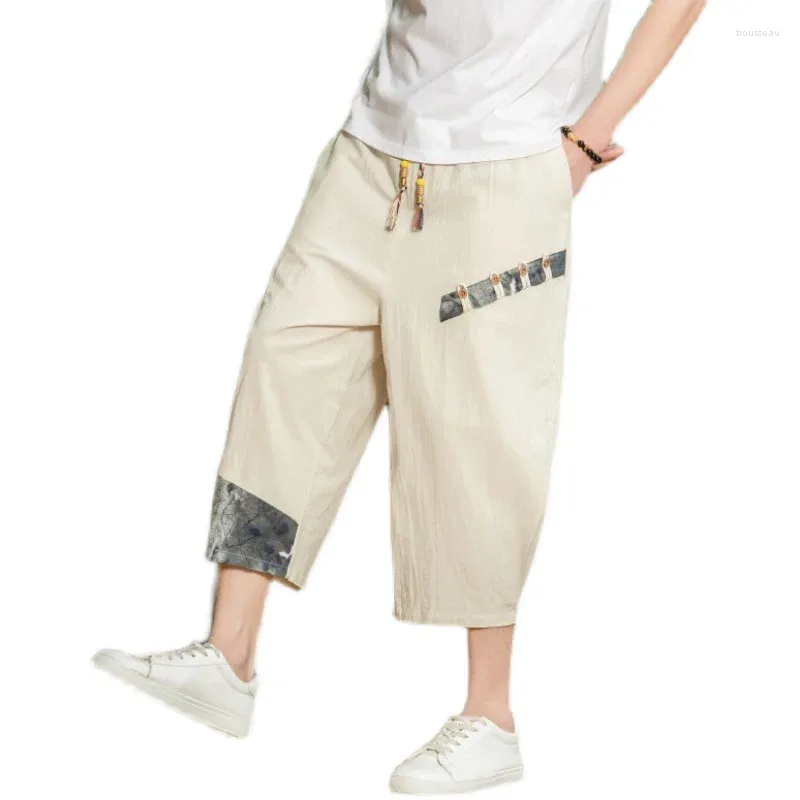Pantalon masculin lin d'été occasionnel pour le style chinois en liberté grande taille coton gras hrepper capris
