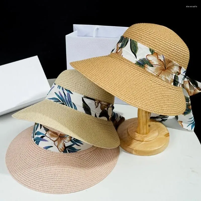 Szerokie brzegowe czapki składane kobiety wstążki bokat kapeluszowy ochrona UV Słomka słomiana na zewnątrz podróżne słońce Słońce