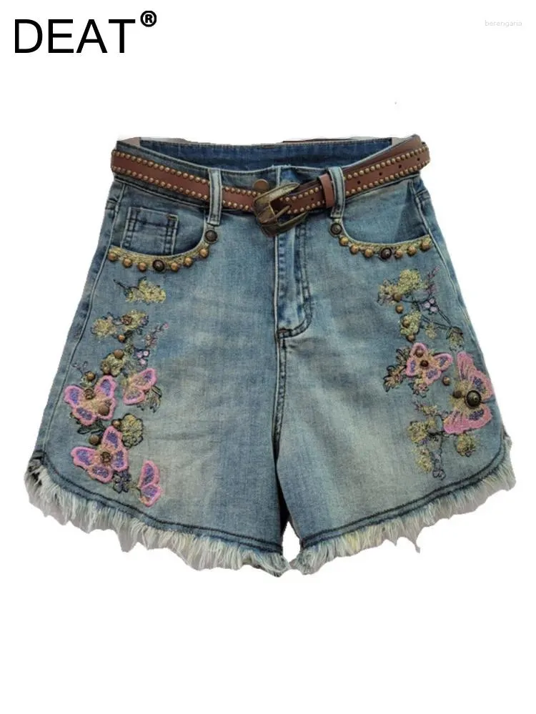 Jeans feminino shorts de jeans alta perna larga bordado flores de borboleta rebite retro 2024 Moda de verão 33a1329