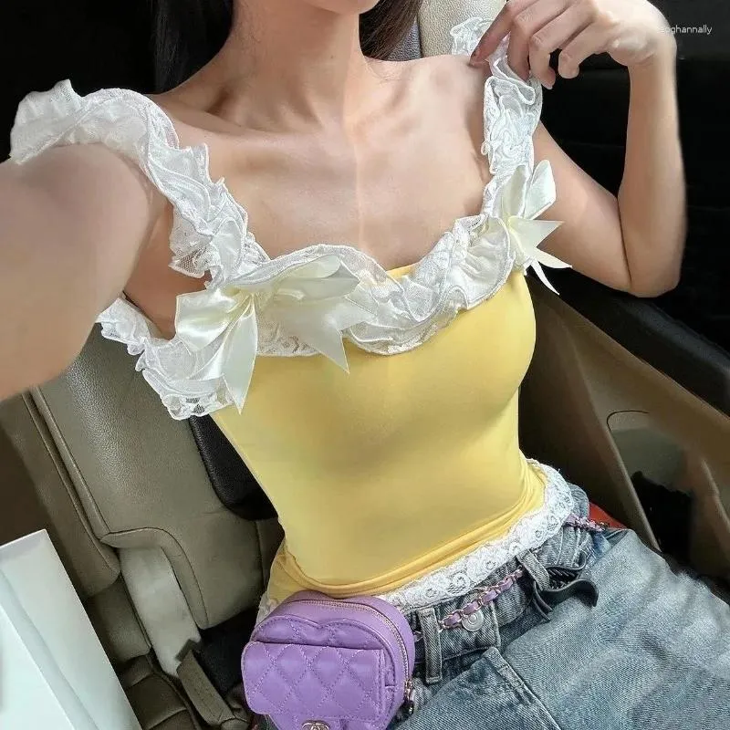 Damestanks omsj strapless splice slanke mode y2k meisje kort t shirt vrouwelijk sexy kanten mouwloze gele bijgesneden top voor vrouwen