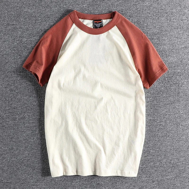 Summer American Retro Short-sleeved O-neck Raglan Sleeve T-shirt Mens Fashion Simple 100% Cotton Washed Casual Sport Tops 240429