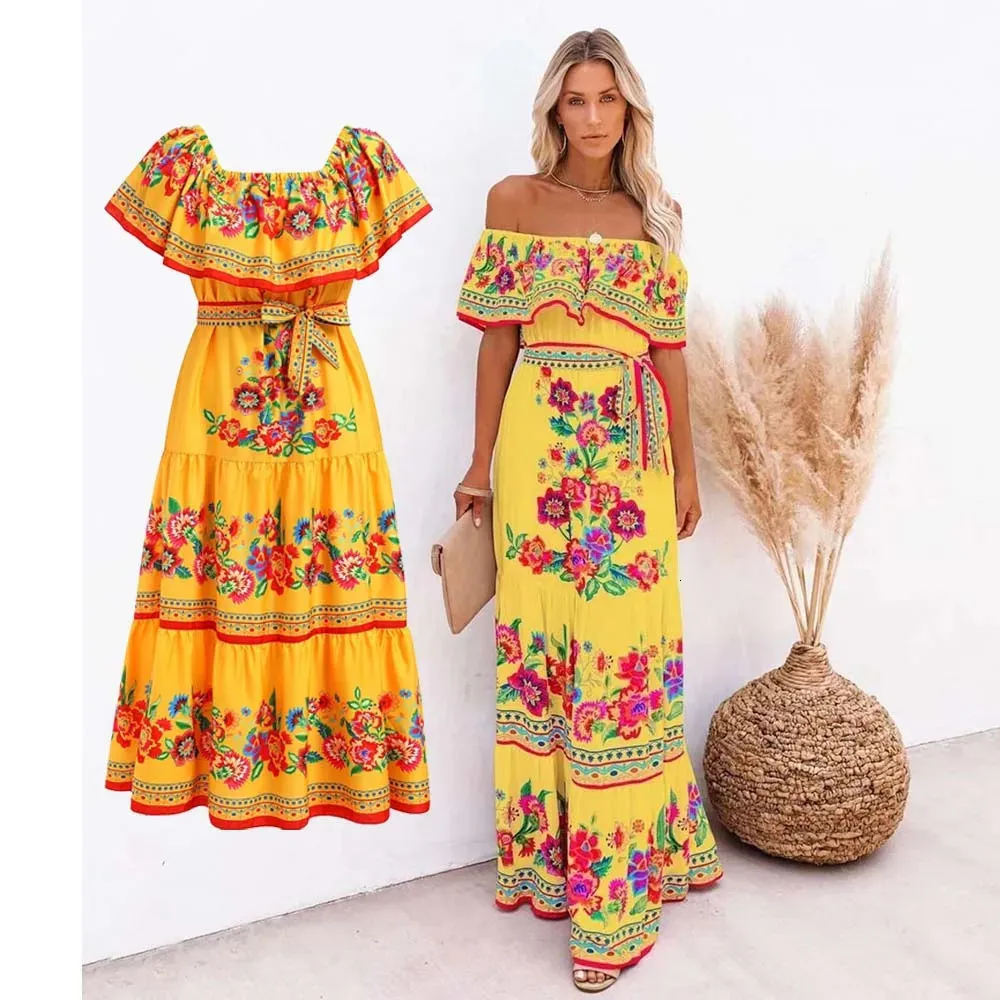 Meksykański tradycyjny etniczny meksykański Cinco de Mayo Summer Floral Print Off Ramię Kobiet Meksykańska sukienka 240429