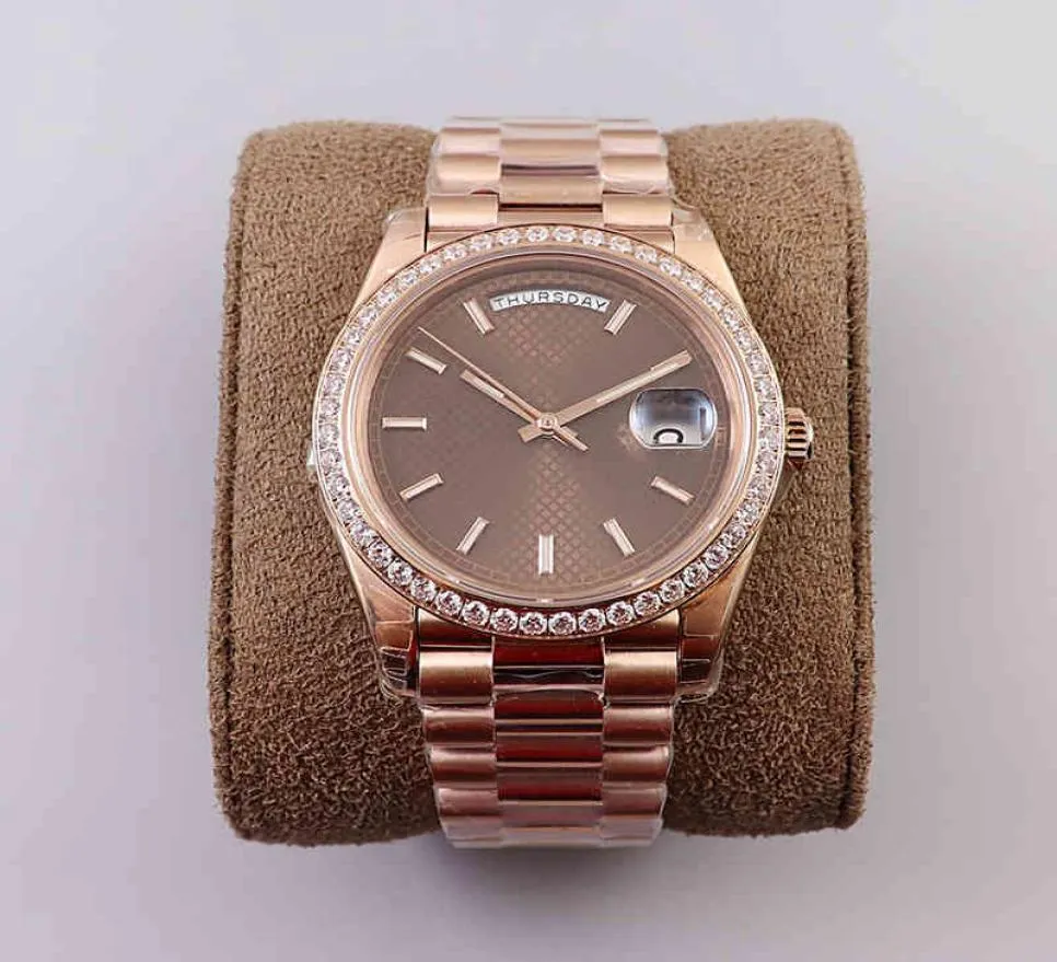 Designer de luxo Máquinas automáticas masculinas relógios de diamante anel luminoso banda de aço rosa Gold Lattice Weekly Calendário8472571
