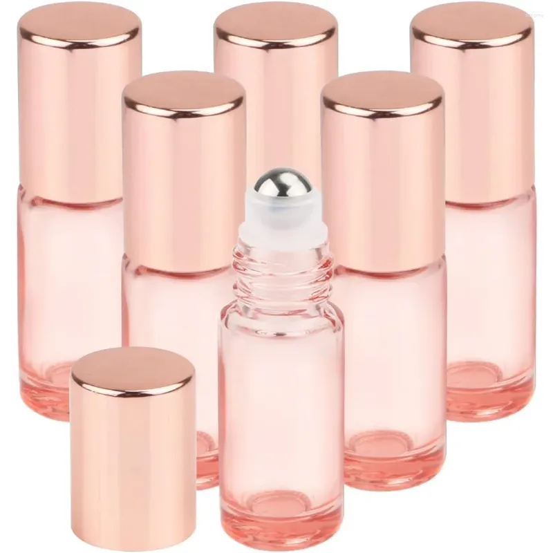 Lagringsflaskor 6 st 5 ml 0,17 oz rosa glasrulle för eteriska oljor parfym kosmetisk vätska rullar på med rosguldlock resor