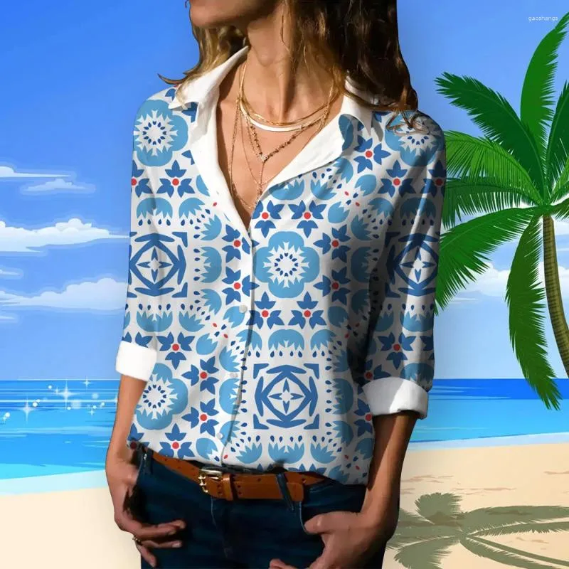 Frauenblusen trendy Sommerhemd Langarm Hawaiian Spring Geometrie Print Shirts Frauen Einfache Büro Dame Bluse Plus Größe