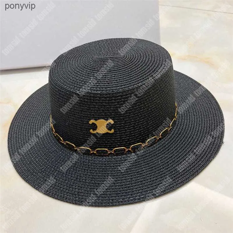 Zomer damesontwerpster Straw hat voor man Fashion Beach Unisex Grass Braid Sun Bescherming Flat emmer hoeden Sunhat HO6P