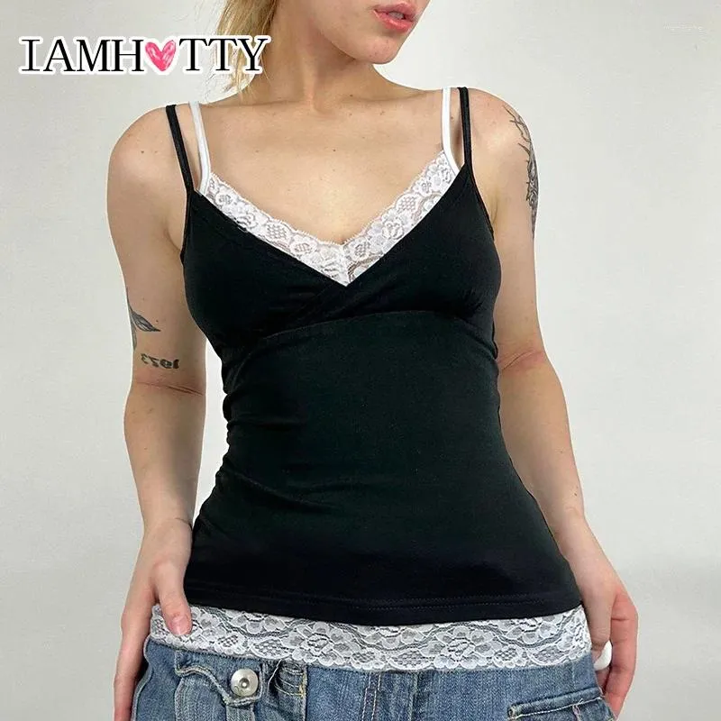 Tanks pour femmes Iamty Casual Basic Contrast Lace Patchwork Top Women Chic élégant V-Neck Double STAPS CAMISOLE Y2K Streetwear Français Français