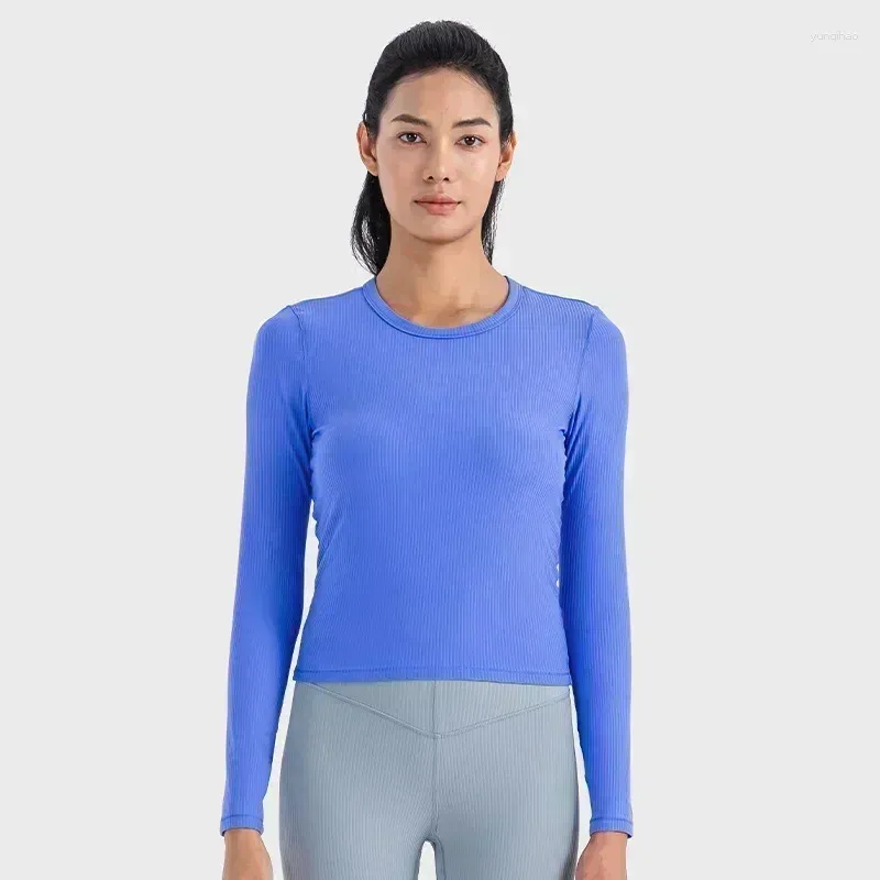 Actieve shirts Luulogo-vrouwen geribbeld Sports Long Sleeve T-shirt Alles wat het elastische shirt nodig heeft Braden snel drogende loopfitness