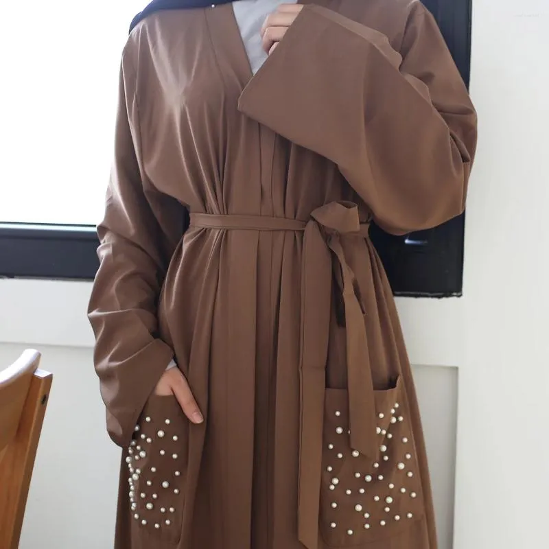 Ropa étnica Ramadán Mujeres musulmanas abiertas abaya cárdigan kimono maxi túnicas vestidos perlas