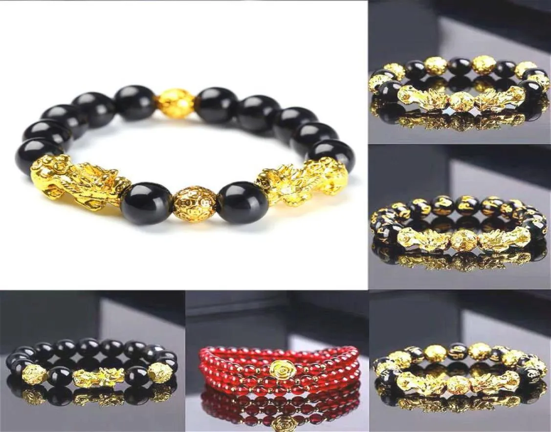 Feng Shui Obsidian Stone Beads 팔찌 남성 여성 유니탄 팔찌 금색 Pixiu 부 및 행운 여성 DFF06396979426