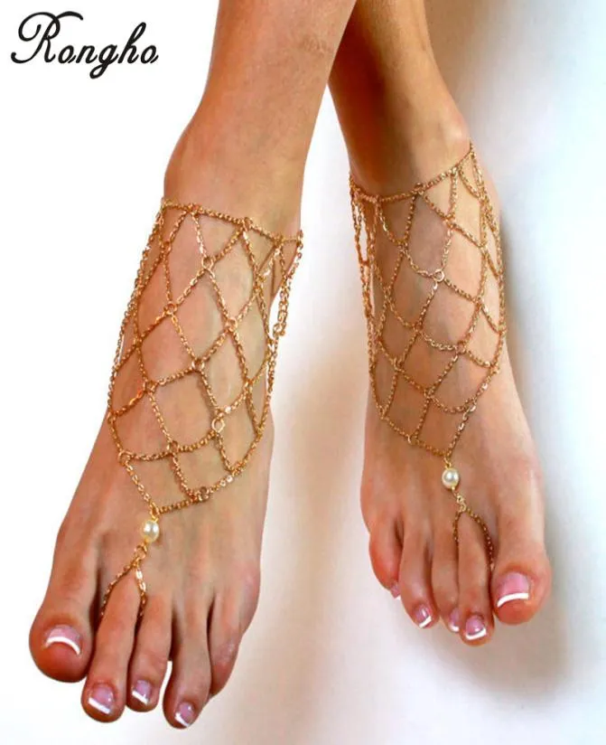 Nouvelles chevilles de chaîne métallique sexy pour femmes Sandales aux pieds nus bracelets de cheville Chaîne de jambes en or bikini bikini pied de plage bijoux net ankle7649673