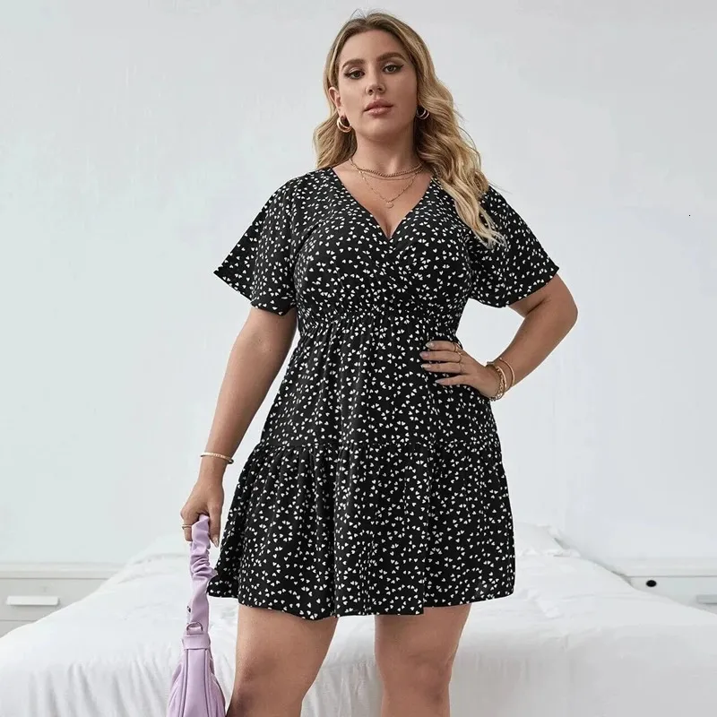 plus size short boho dresses Women's Plus Size Floral Print Boho Dress Round Neck Belted Short Sleeve  A-line Pleated Midi Dress