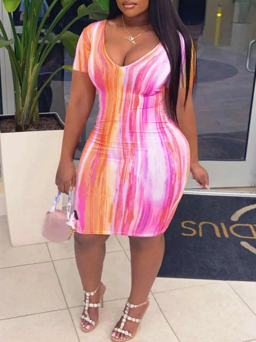 LW Plus Size Dress V Neck Tie Dye Bodycon Dress short sleeve midi Dresses Fashion Party Sexy Yellow Clubwear Dresses 240420