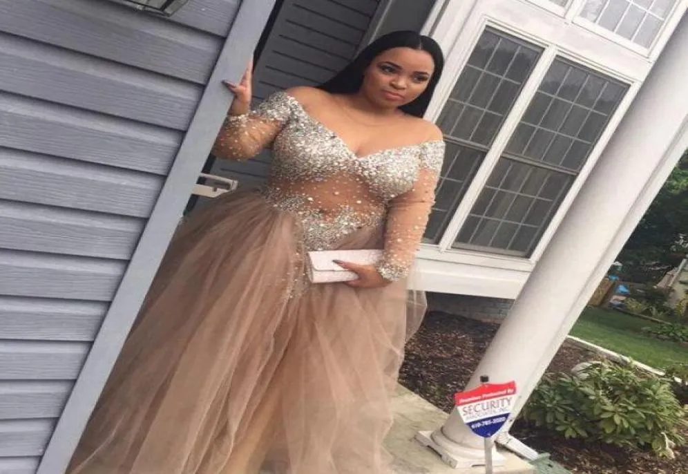 Sexy Rhinestones Beaded Plus Size Prom Dresses Long Sleeves Sheer Formal Party Dress Floor Length Tulle Evening Gowns 20209372554