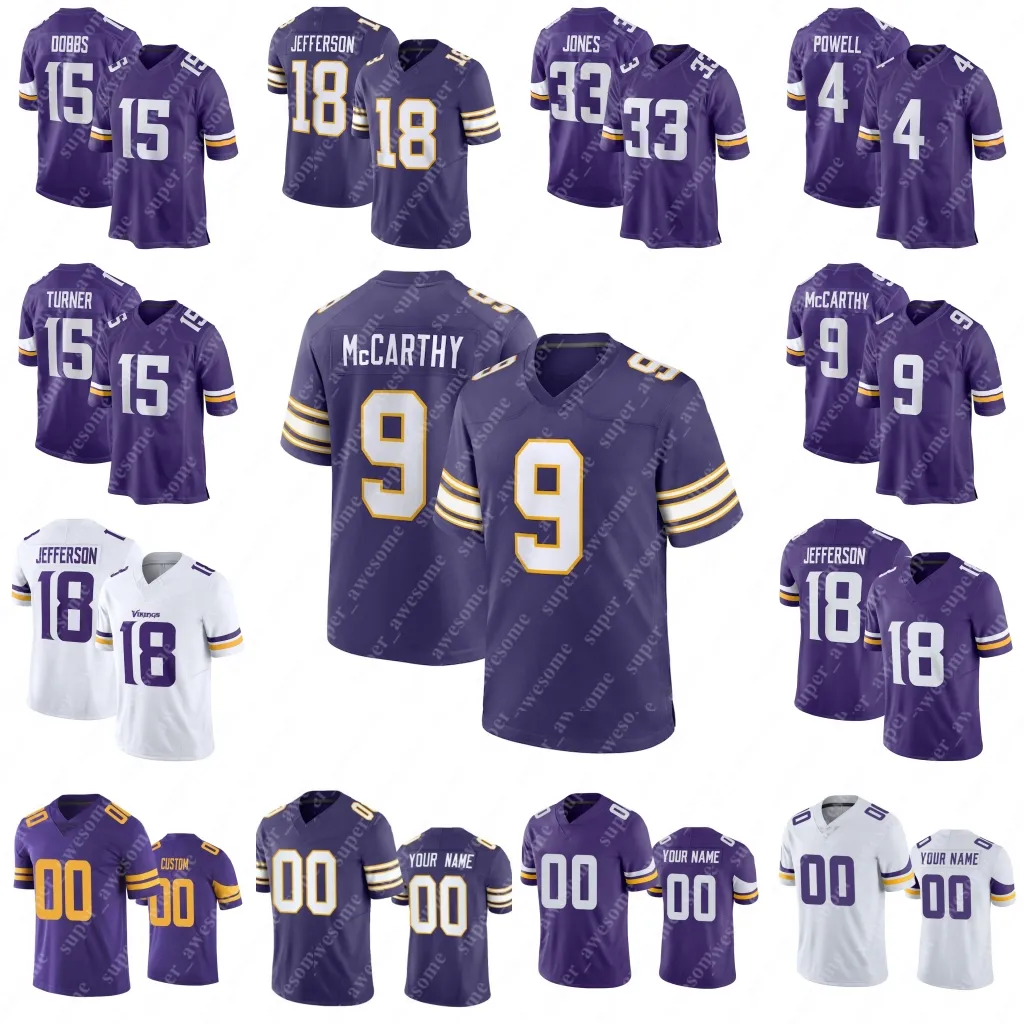 9 J.J.McCarthy Football Jersey 15 Turner 18 Justin Jefferson T.J.Hockenson Addison Lewis Cine Camryn Bynum Randy Moss Harrison Smith Harrison Phillips C.J. Ham cousu