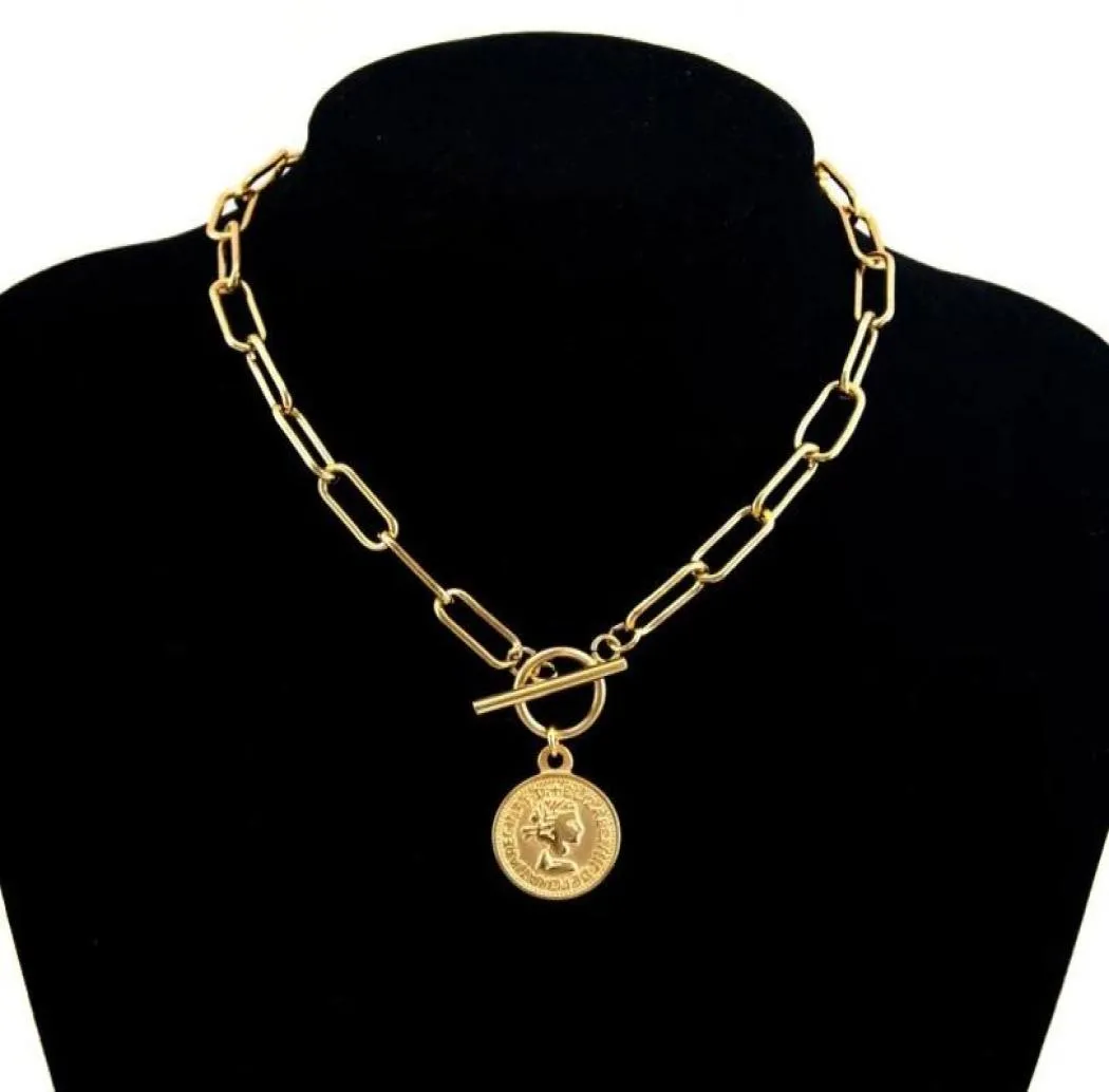 Colares de pingentes colar de moedas esculpidas vintage para mulheres medalhão de aço inoxidável medalhão de garganta longa Boho Jewelry Collier8382645