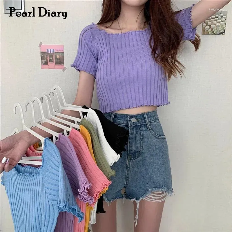 Serbatoi da donna Diario perle Donne Donne Summer Crops Tops Knitting Slimt Lattuga Edge a maglia magnifica magnifica a manica corta Girl Girl Top