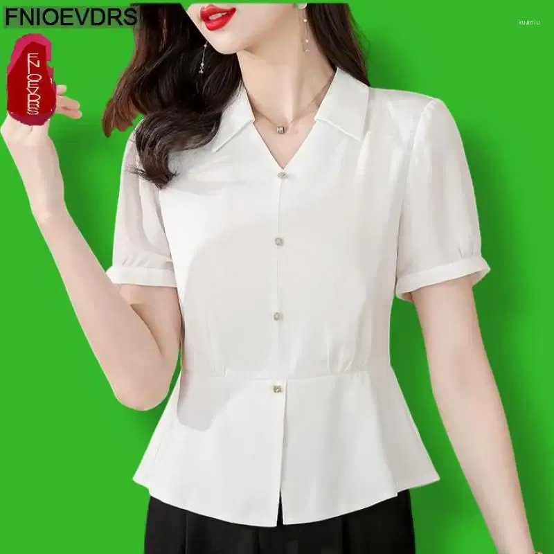 Women's Blouses S-3XL 2024 Zomer Peplum Tops Women Basic Wear Office Lady V Neck Ruffles Elegante knop Witte shirts