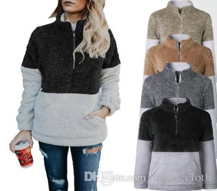 Kobiety Bluzy ciepłe polarowe bluza długie rękawy swobodny bluzy Sherpa Pullover pasują kolor na kieszonkę CNY8113027322