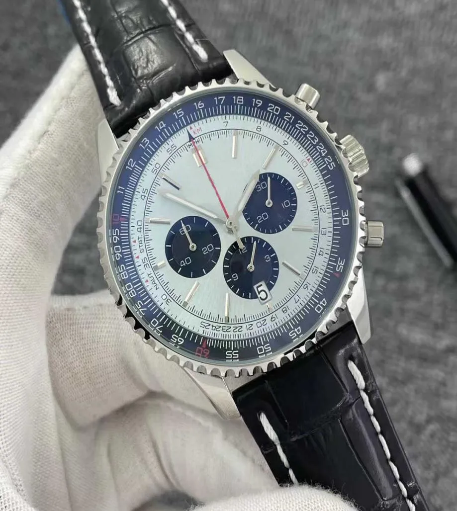 46 mm di qualità B01 Navitimer Watch Chronograph Quartz Movimento in acciaio Ice Blue Blue Dial 50th Anniversary Watch Leather Strap ME9514374