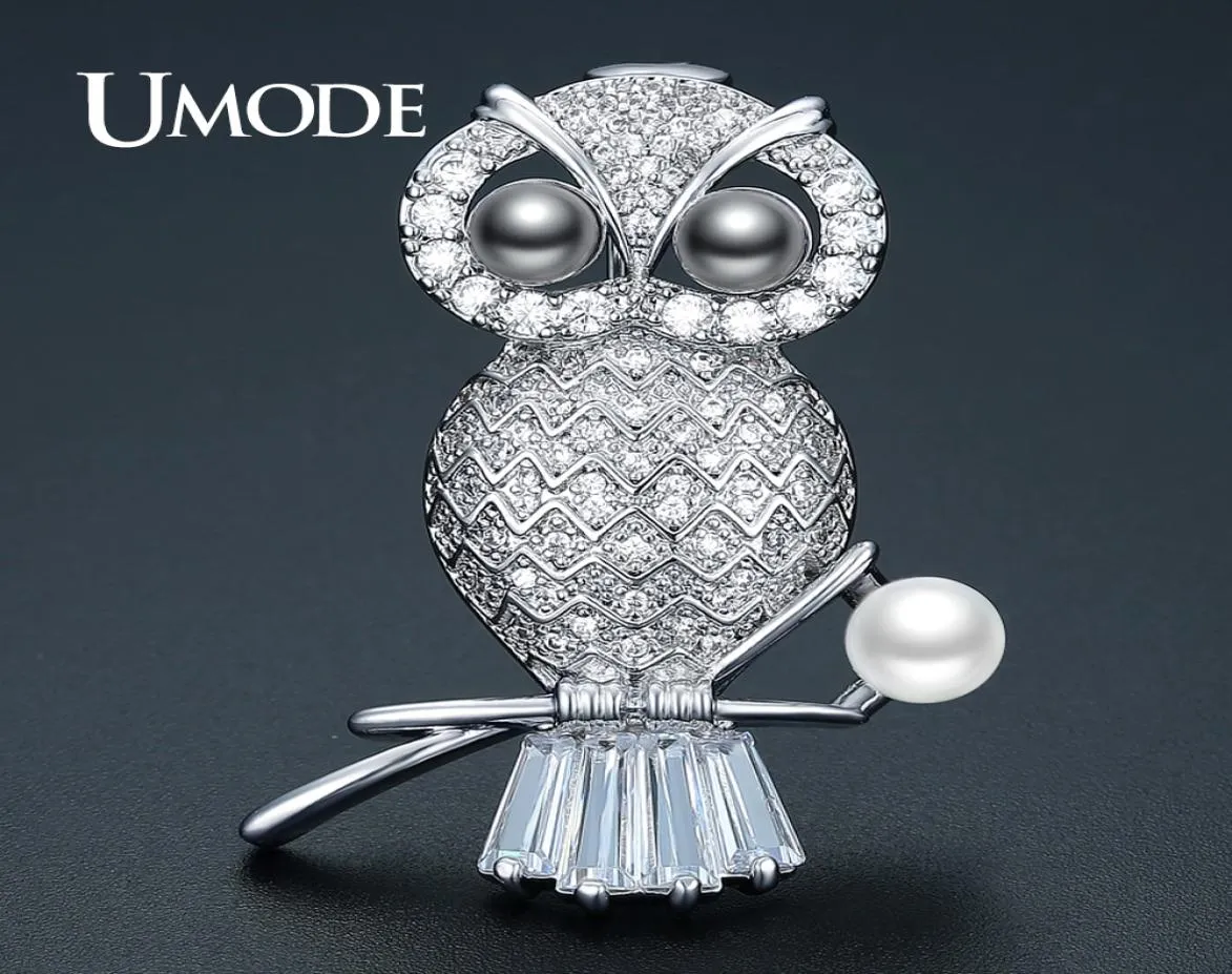 Umode Luxury CZ Crystal New Owl Purple Pearl Brooches for Women Silver Color Brosch and Pins smycken Passar Klipp AUX0014B7065066