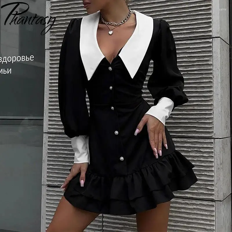 Sıradan Elbise Phantasy Vintage Siyah Mini Elbise Kadınlar Uzun Kollu V Boyun Zarif Ofis Bayan Moda Kıyafet İlkbahar Yaz Giyim