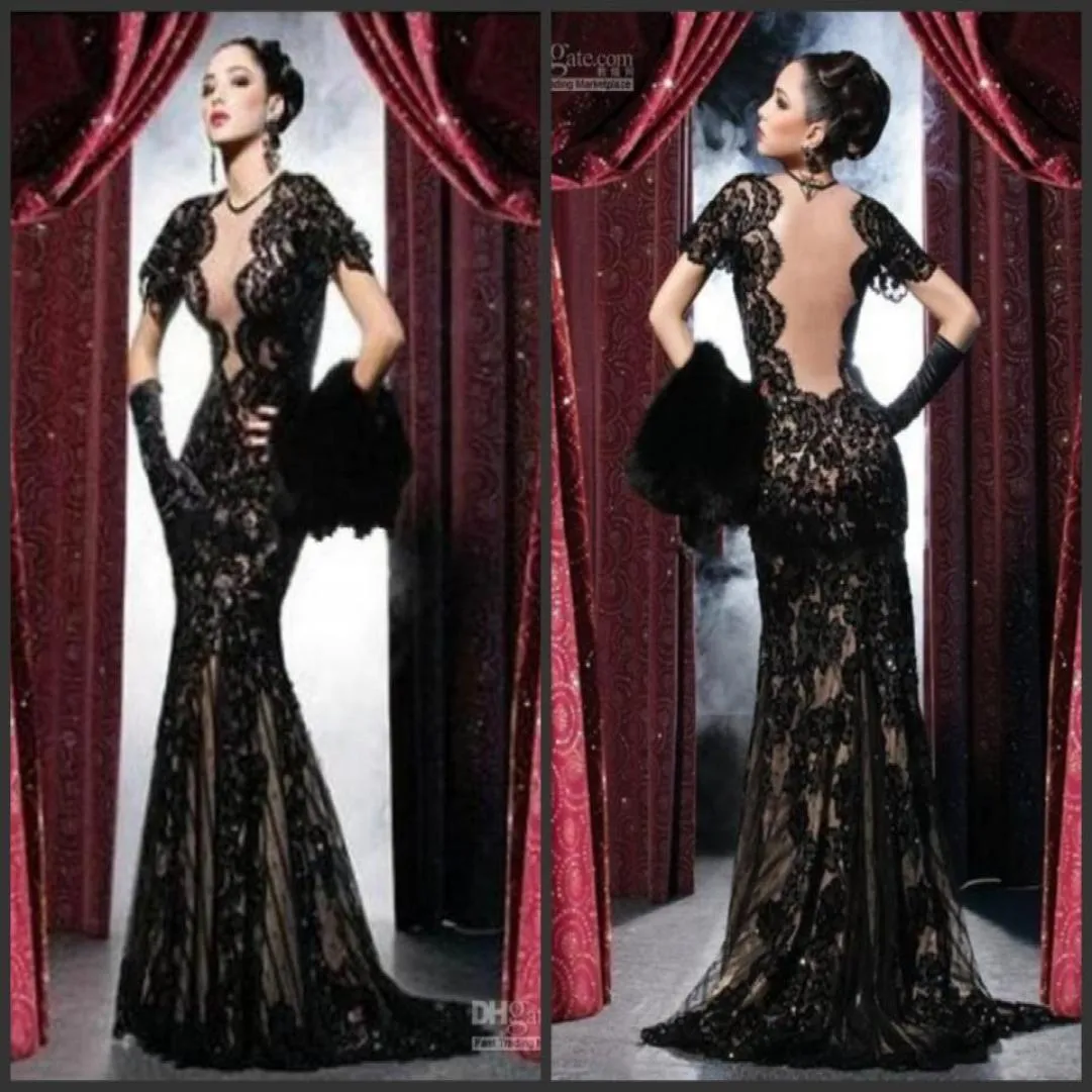 Neue sexy schwarze Abendkleider Rückenless Lace Prom Party Kleider Kleider Shath Mermaid Sheer Crew Illusion Offener Rücken Zugfest Gow7632882