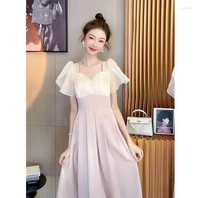Robes de fête Femme Summer Sweet Pink Midi Robe 2024 Corée La dame coréenne Graceful Slim Patchwork Dîner femme