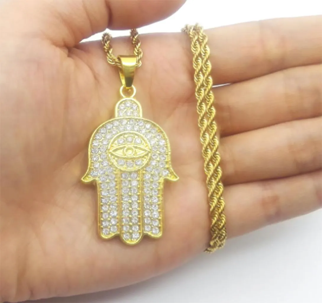 Hip Hop Hamsa Hand of Fatima Lucky Evil Protection Eye Protection Amulette Collier Pendant Crystal 24inch Chain de corde9594716