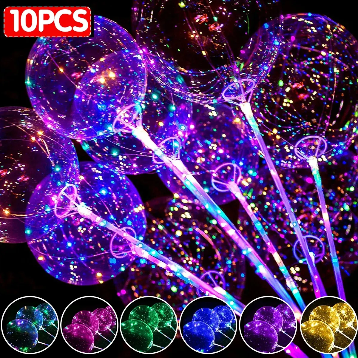 10pcs Neujahr klares LED -Leuchte Boboballons Luminous Bubble Ballon mit leichter Schnur und Sticks für Hochzeitsfeier Dekor D5.0