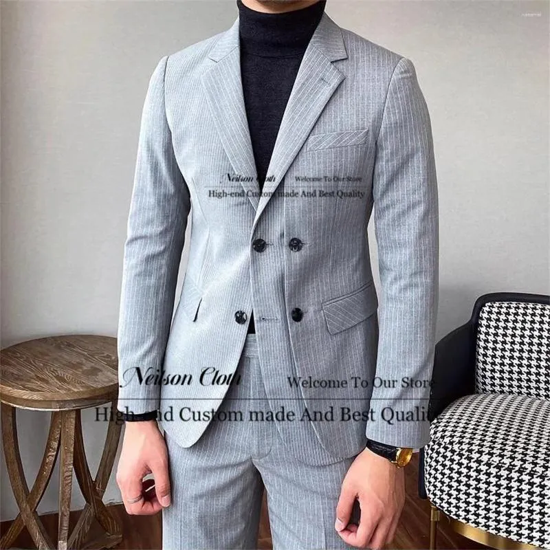 Herrenanzüge graue Streifen männliche Prom Blazer gekerbte Revers -Bräutigam -Hochzeits -Tuxedos 2 Stück Sets Männer Schlankes Fit Doppelbrust Kostüm Homme