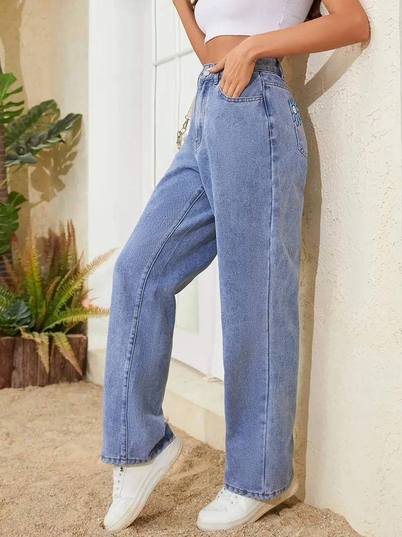 Women's Jeans High Quality Premium Embroidery Baggy Denim Wide Leg Printing Drawstring Jean Pants For Men