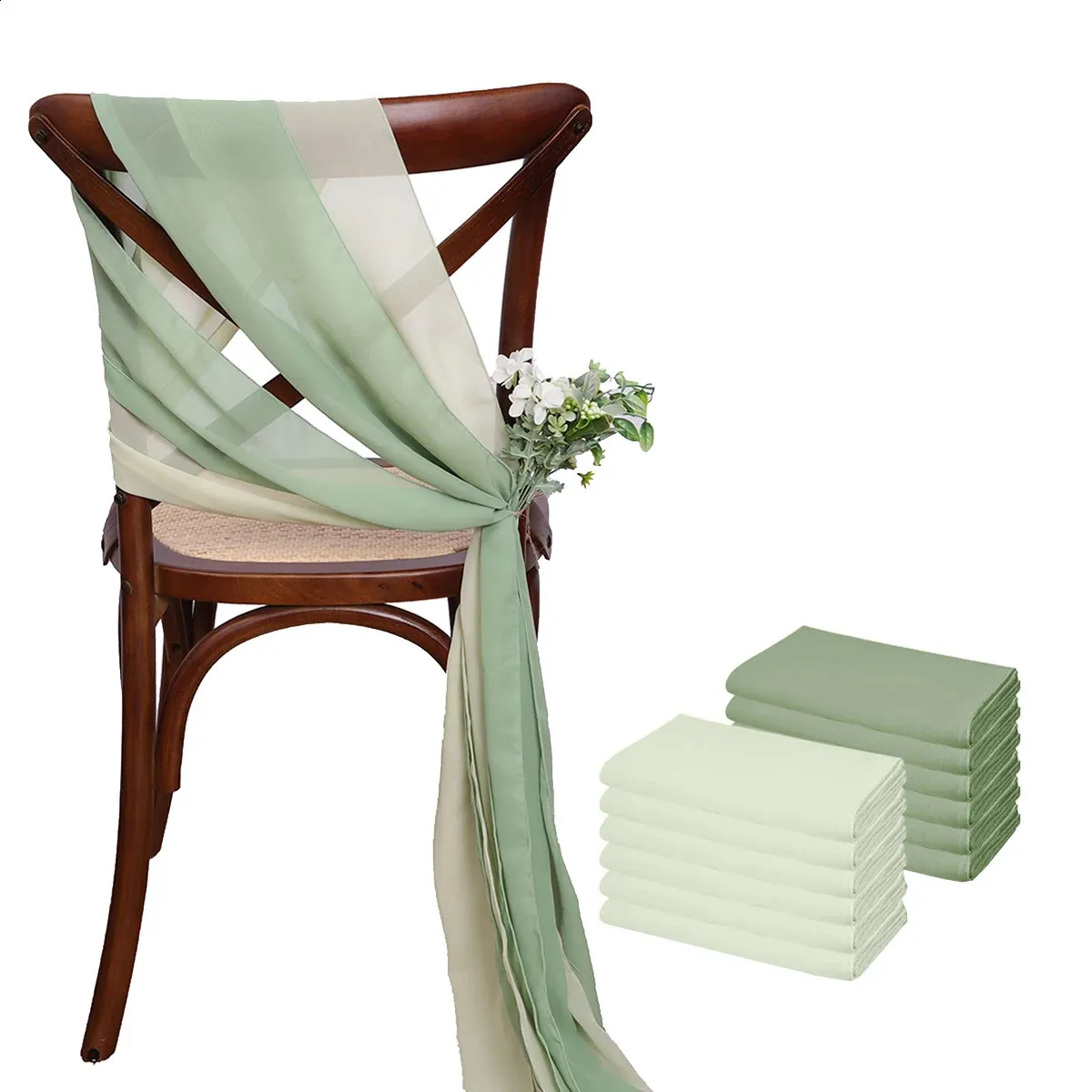 12 PCs 17x275cm Green Chiffon Chair Sashes Hochzeitsabdeckungen Ribbon Party Gang Decor 240430