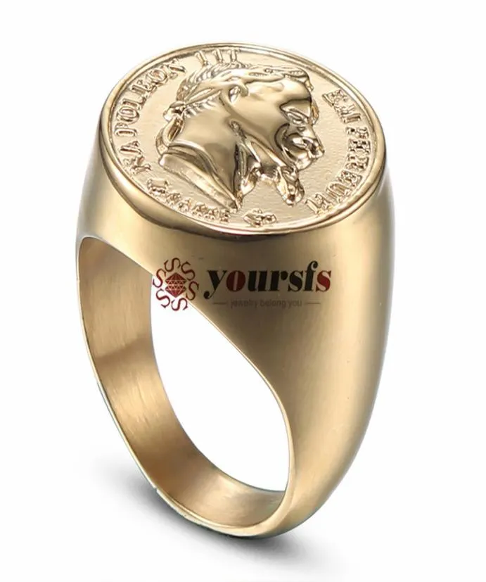 Yoursfs Men Stamp Gold круглый нержавеющая сталь Наполеон Винтаж французская монета Ring6765482
