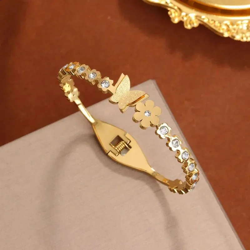 Браслет из нержавеющей стали для брака для женщин металлические матовая цветочная бабочка браслеты 18 тыс. Золотая украшения для ручных аксессуаров подарки