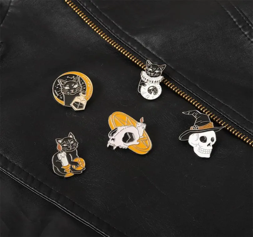 Halloween czarodziej czaszki kota broszka pin księżyca punkowy czarny kotek festiwal odznaki odznak
