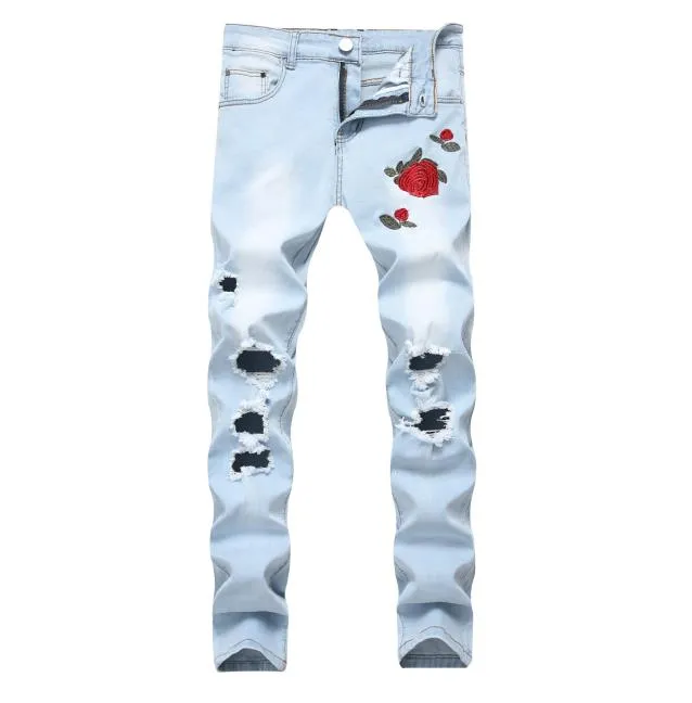 Jeans à broderie à rose florale Homme Homes Ripped Hoes Design Jeans Men Hop Hop Slim Blue Black Denim Pant Plus Size5954336