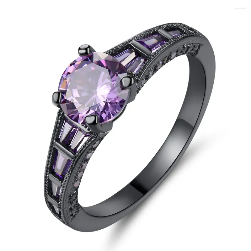 With Side Stones Black Gold Color Wedding Rings For Women Round Purple CZ Jewelry Bague Bijoux Femme Engagement Ring Accessories