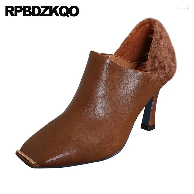 Buty brązowe krótkie metalowe sztylet na wysokim obcasie seksowne kwadratowe palce granatowe botki 2024 buty kobiety futrzane dziwne poślizg