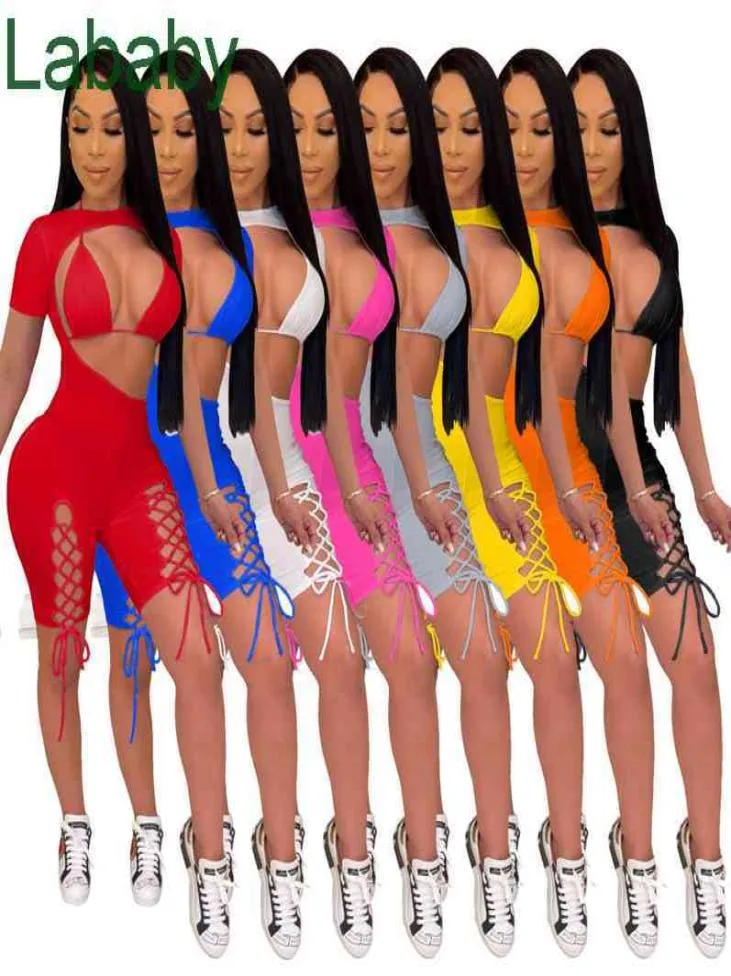 Femmes Deux pièces Pantalons Designer Tenues de manches courtes Slim Sexy Sexy Lace Up Suisses Jumps Night Club Solid Color Bandage Design Sport8726605