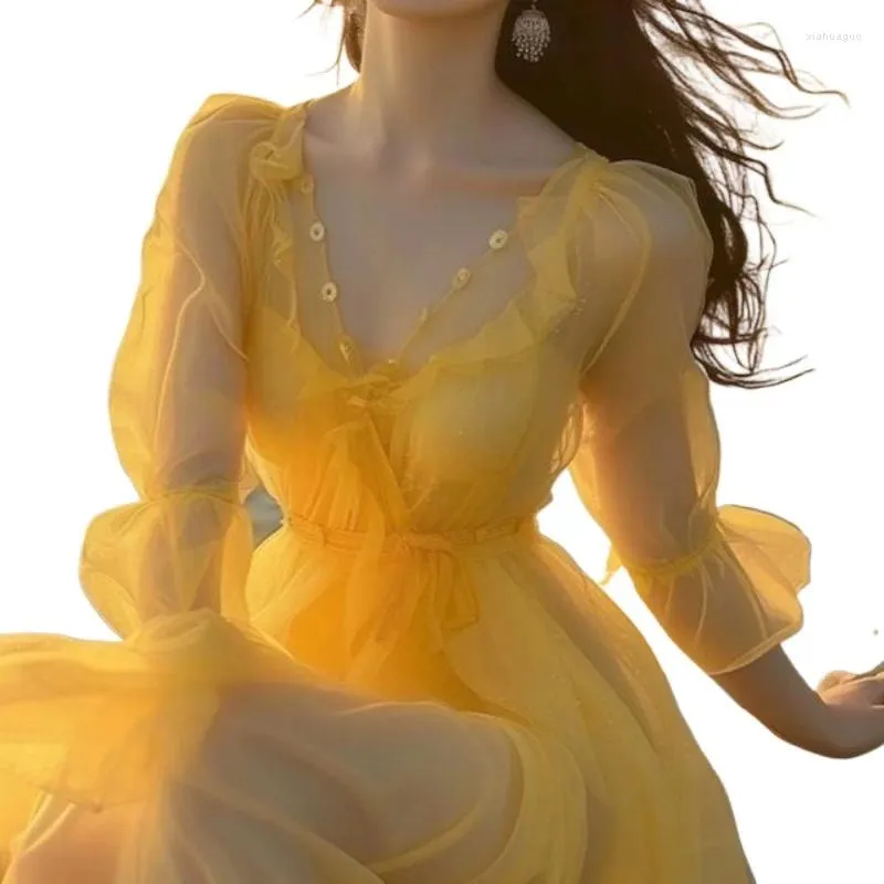 Vestidos de festa, chiffon amarelo mulheres elegantes vestido longo 2024 verão doce férias de férias de praia