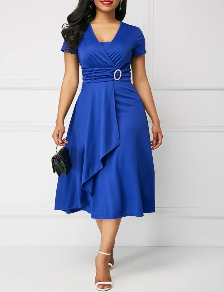 Summer Elegant Mother039s Short Sleeve Royal Blue Temperament Fashion Asymmetric Dress 5XL Bandage Waist Office Midi Casual Dre2302939