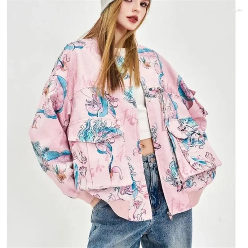 Frauenjacken Amerikanische Retro -Kunst Graffiti Drucken Lose National Tide Short Coat 2024 Frühlings- und Herbst -Designjacke