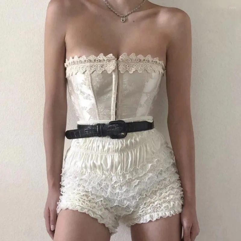 Kvinnors shorts y2k Vintage Summer Ruffled elastisk midja Fairycore Floral spets skiktad för strand nattklubb streetwear