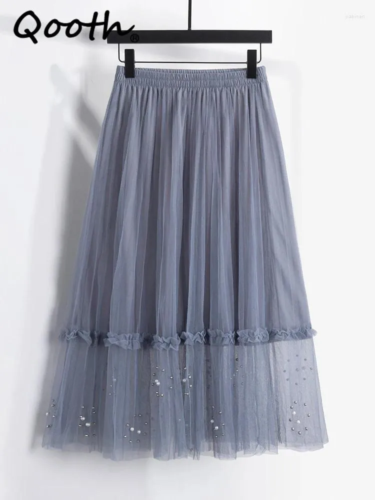 التنانير Qooth Women Fairy Tulle Tulle Mesh Skirt الأنيقة مرنة زهرة Long A-Line Line For Spring Summer QT2146